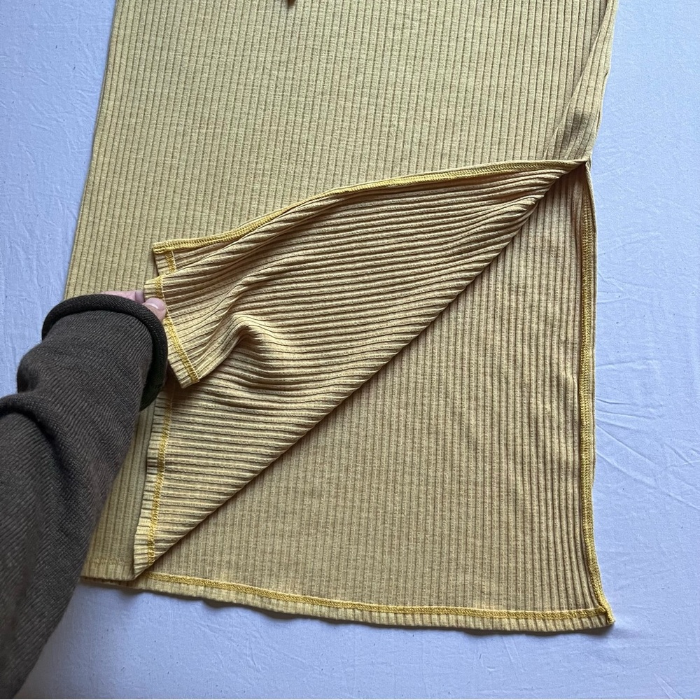 JONATHAN SIMKHAI pale muted‎ mustard yellow rib knit elastic waist midi skirt - Picture 2 of 5